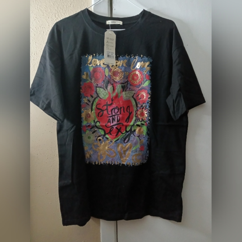 Black Graphic T-Shirt with Colorful Floral Design